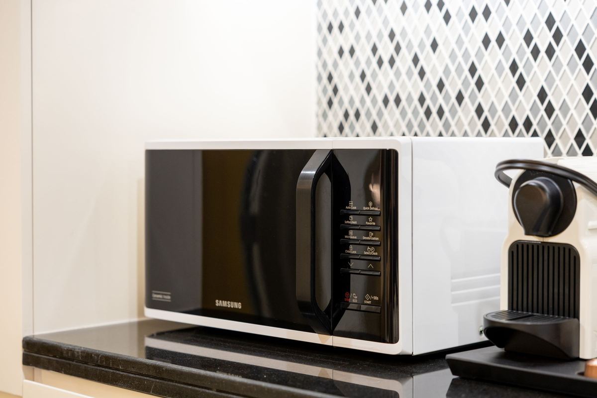 Countertop microwave oven on a kitchen counter