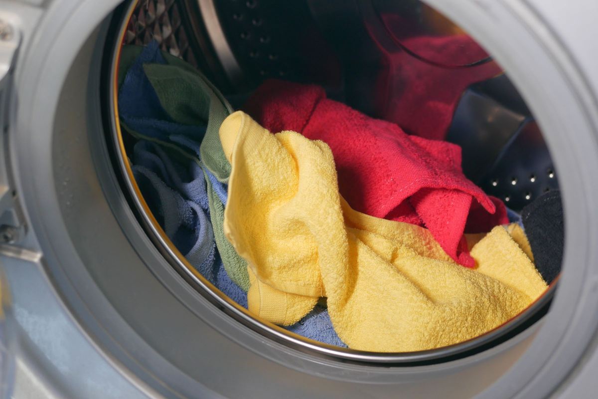 Laundry inside the drum of a front-loading washing machine