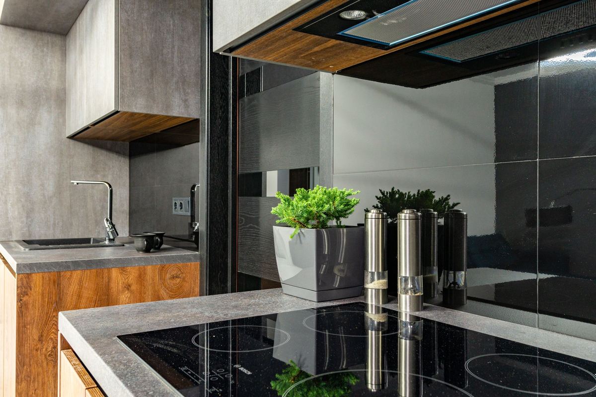 Induction hob set into a kitchen island